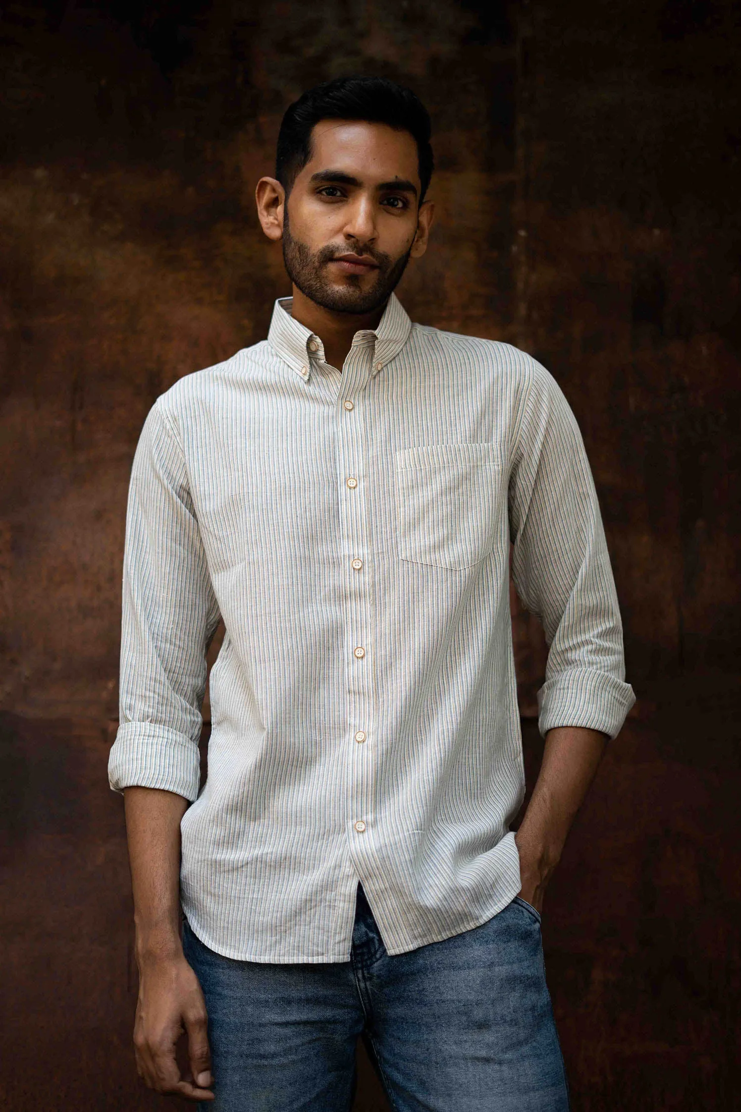 Green and Mustard Stripes · Button Down Collar · Full Sleeve Shirt