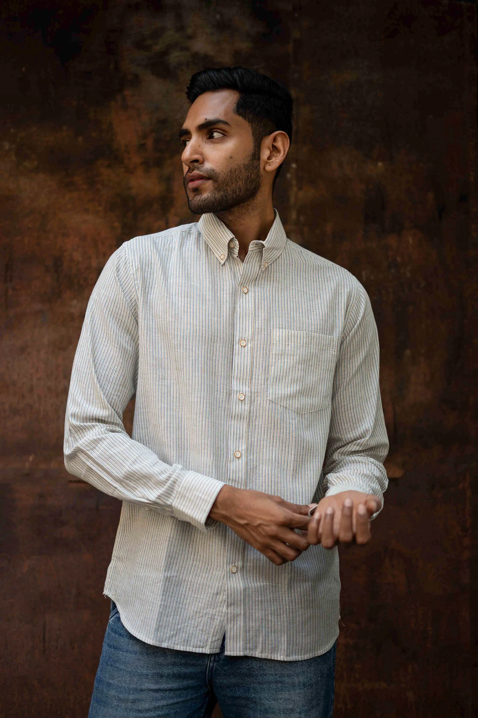 Green and Mustard Stripes · Button Down Collar · Full Sleeve Shirt