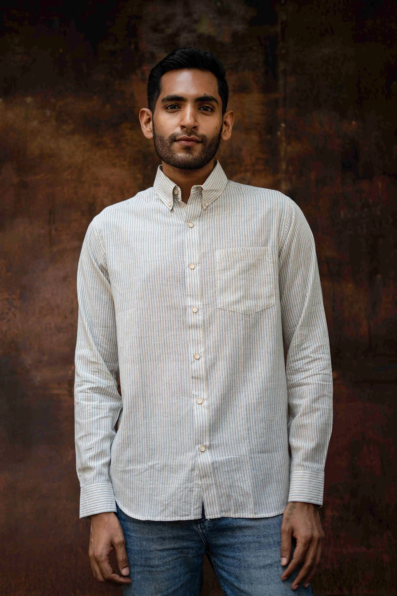 Green and Mustard Stripes · Button Down Collar · Full Sleeve Shirt