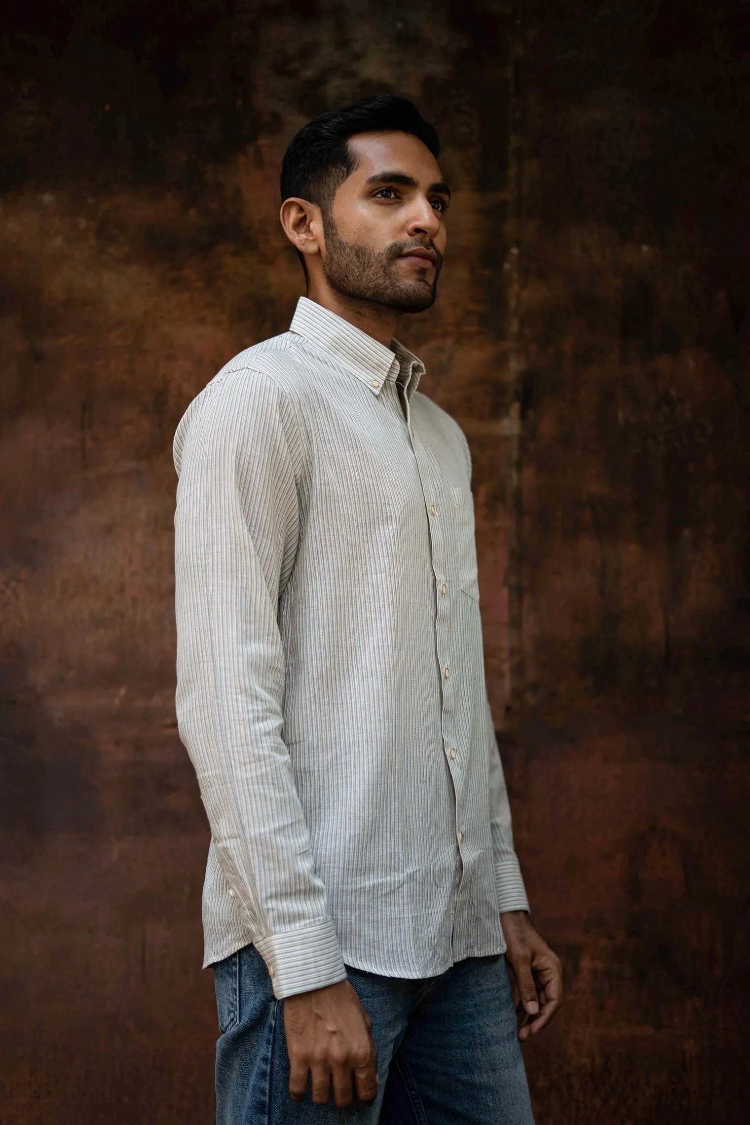 Green and Mustard Stripes · Button Down Collar · Full Sleeve Shirt