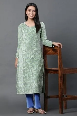 Green Geometric Printed Kurta and Pants Winter Set