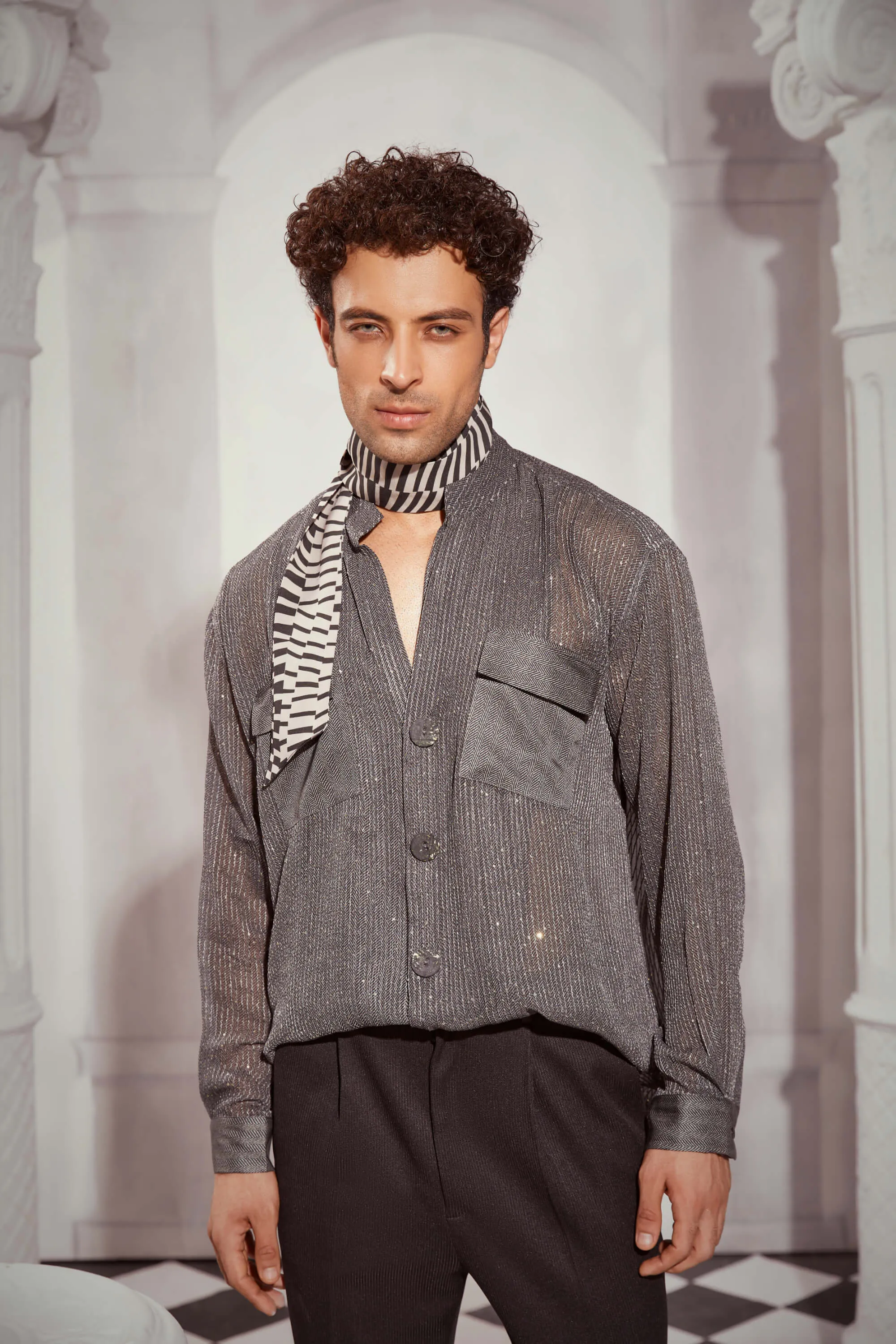 Grey tweed print oversized shirt