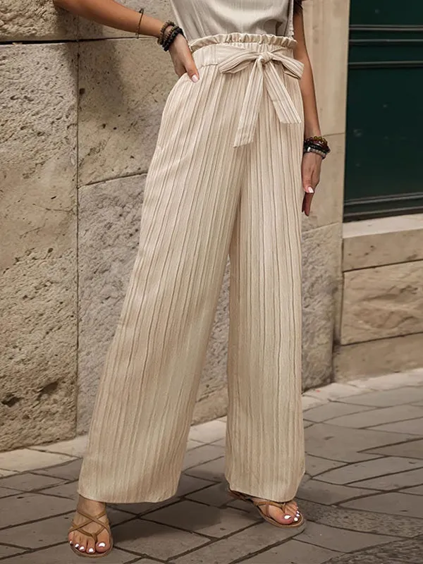 High Waisted Loose Elasticity Pleated Solid Color Tied Waist Pants Trousers