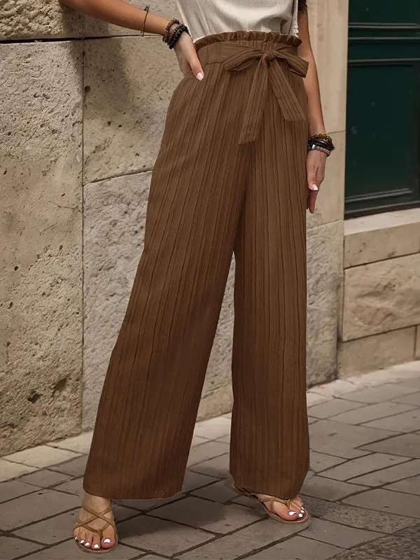 High Waisted Loose Elasticity Pleated Solid Color Tied Waist Pants Trousers