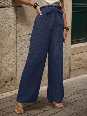 High Waisted Loose Elasticity Pleated Solid Color Tied Waist Pants Trousers