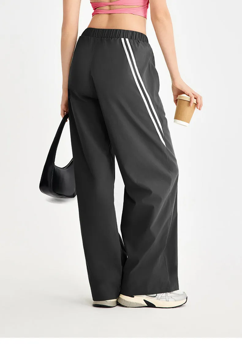 High-Waisted Wide Leg Sport Pants – Retro Parachute Style with Side Stripes