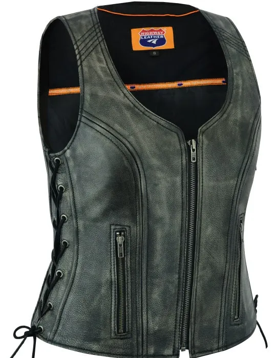 HL14531GRAY Women's Distressed Grey ‘Open Neck’ Motorcycle Leather Vest with Side Laces