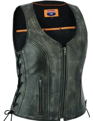 HL14531GRAY Women's Distressed Grey ‘Open Neck’ Motorcycle Leather Vest with Side Laces