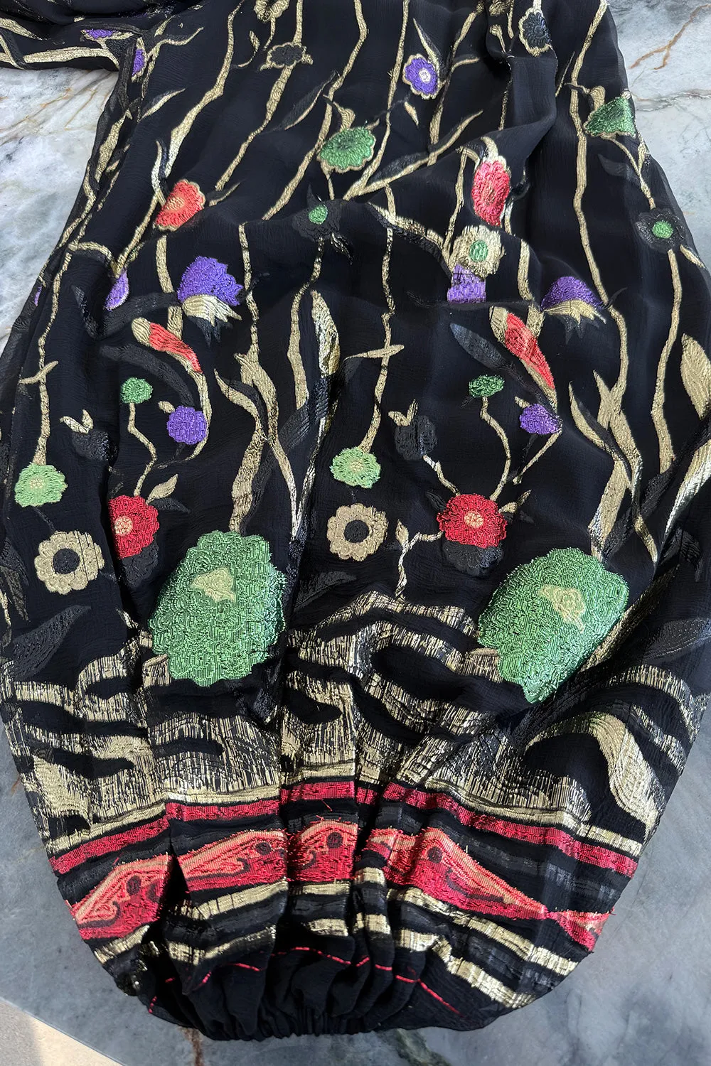 Incredible 1970s Bill Blass Floral Metallic Thread Embroidered Silk Harem Pants