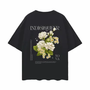 Indigiqueer Pride T-shirt Cream Flower back Design on Black Oversize Deep Drop Shoulder Tee