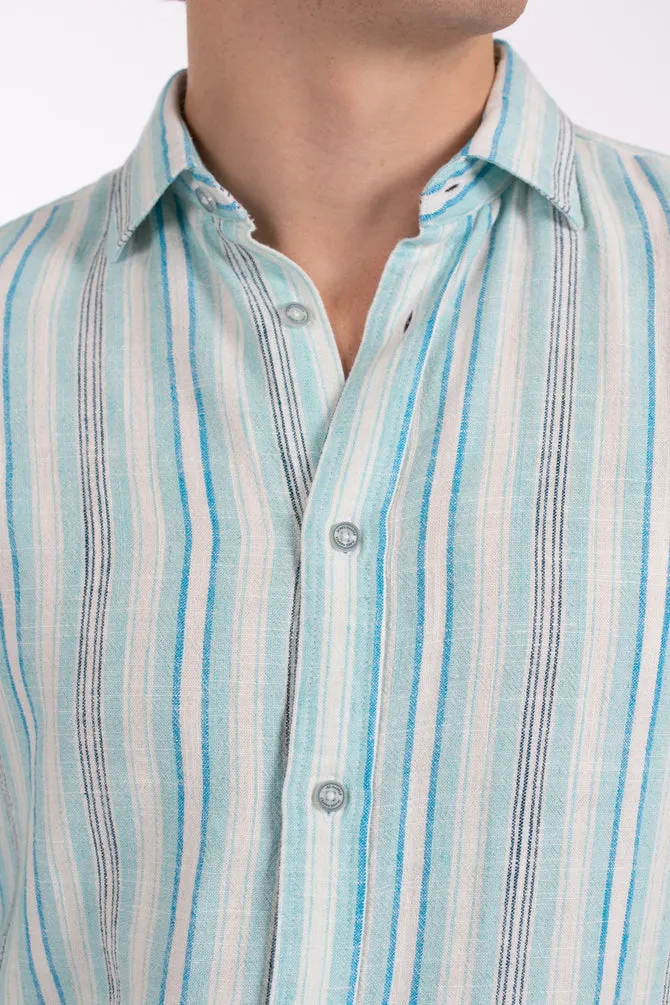 James Harper Variegated Stripe Linen Shirt - Aqua
