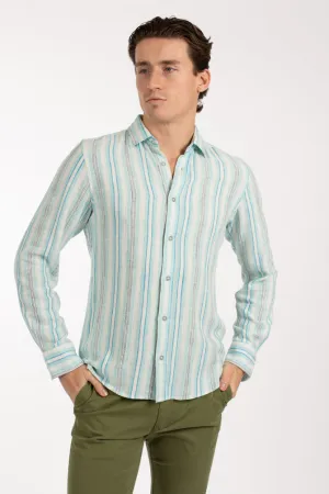 James Harper Variegated Stripe Linen Shirt - Aqua
