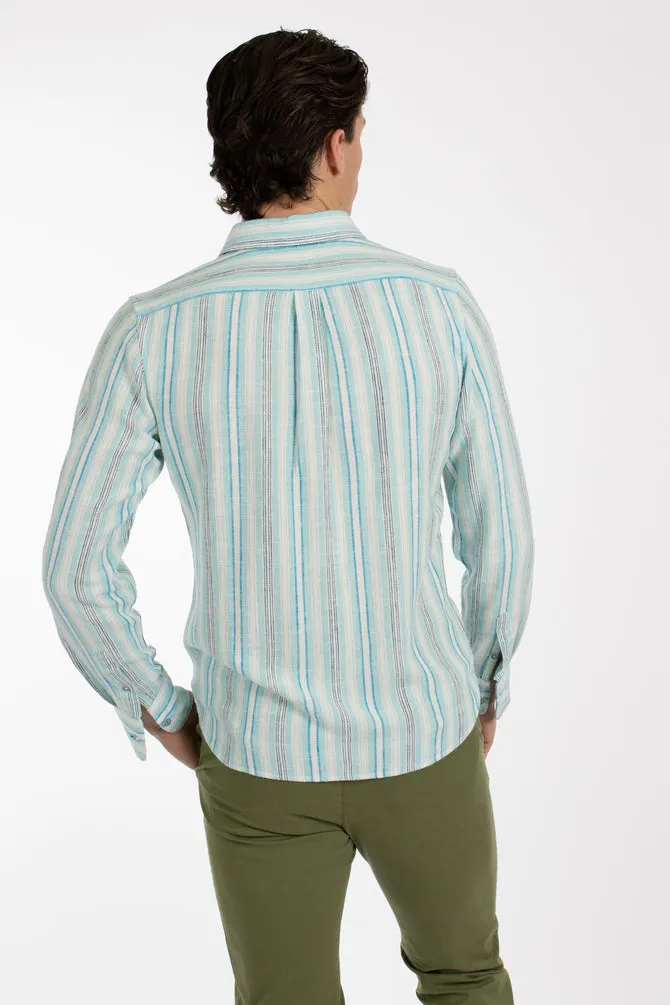 James Harper Variegated Stripe Linen Shirt - Aqua