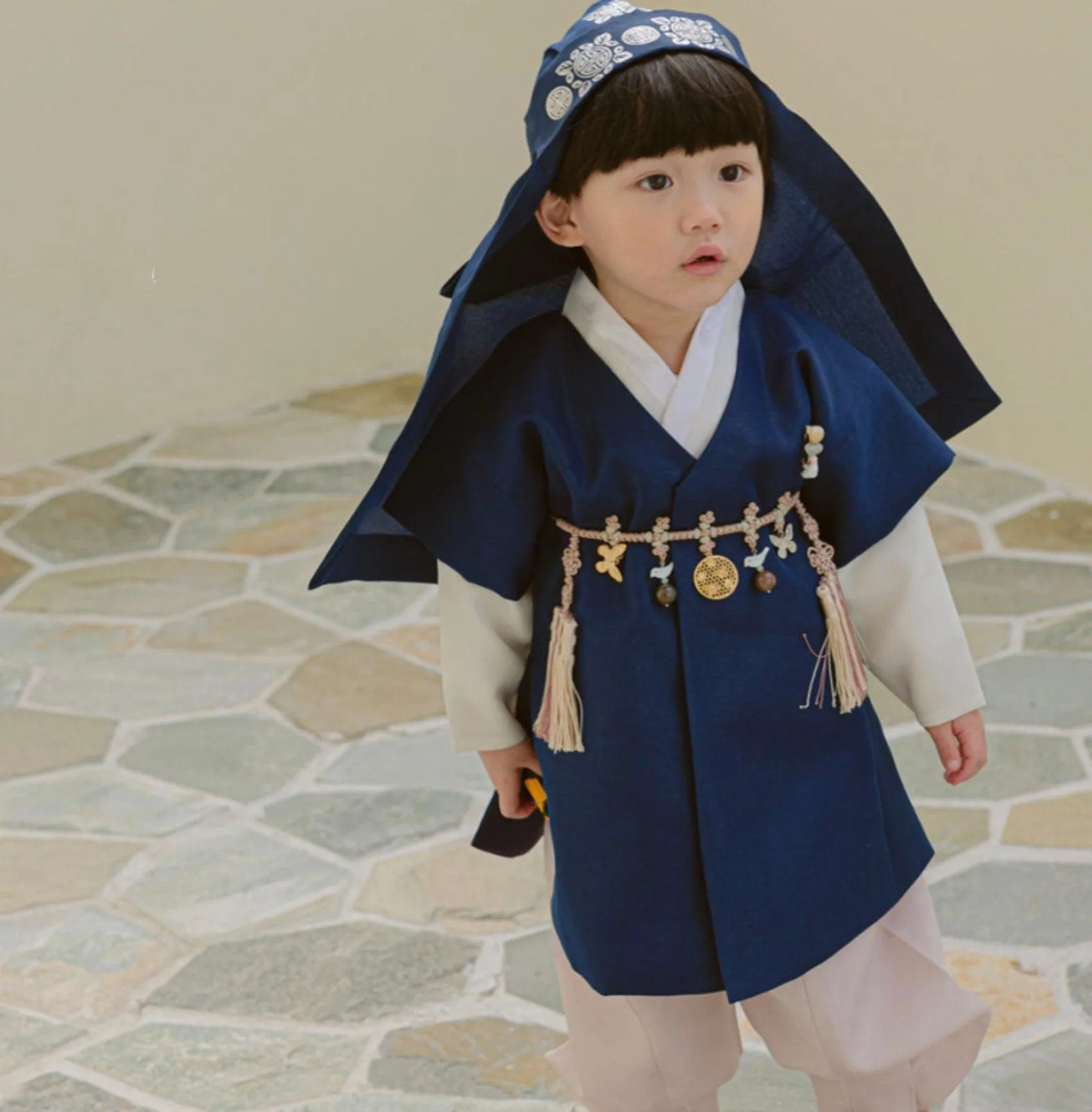 Joon Navy Solid Beige Boy Hanbok (100D-10YR)