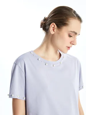 LCWAIKIKI Classic Lilac Crew Neck Beaded Women T-Shirt