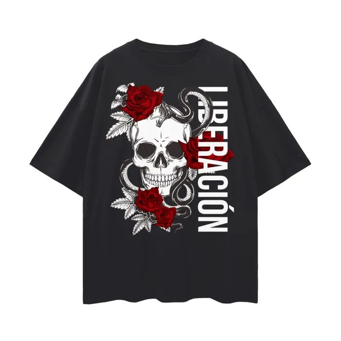 Liberación Skull & Roses Graphic Tee Tattoo Culture Streetwear Spanish Pride Oversize Deep Drop Shoulder Tee - 190 GSM