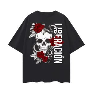 Liberación Skull & Roses Graphic Tee Tattoo Culture Streetwear Spanish Pride Oversize Deep Drop Shoulder Tee - 190 GSM