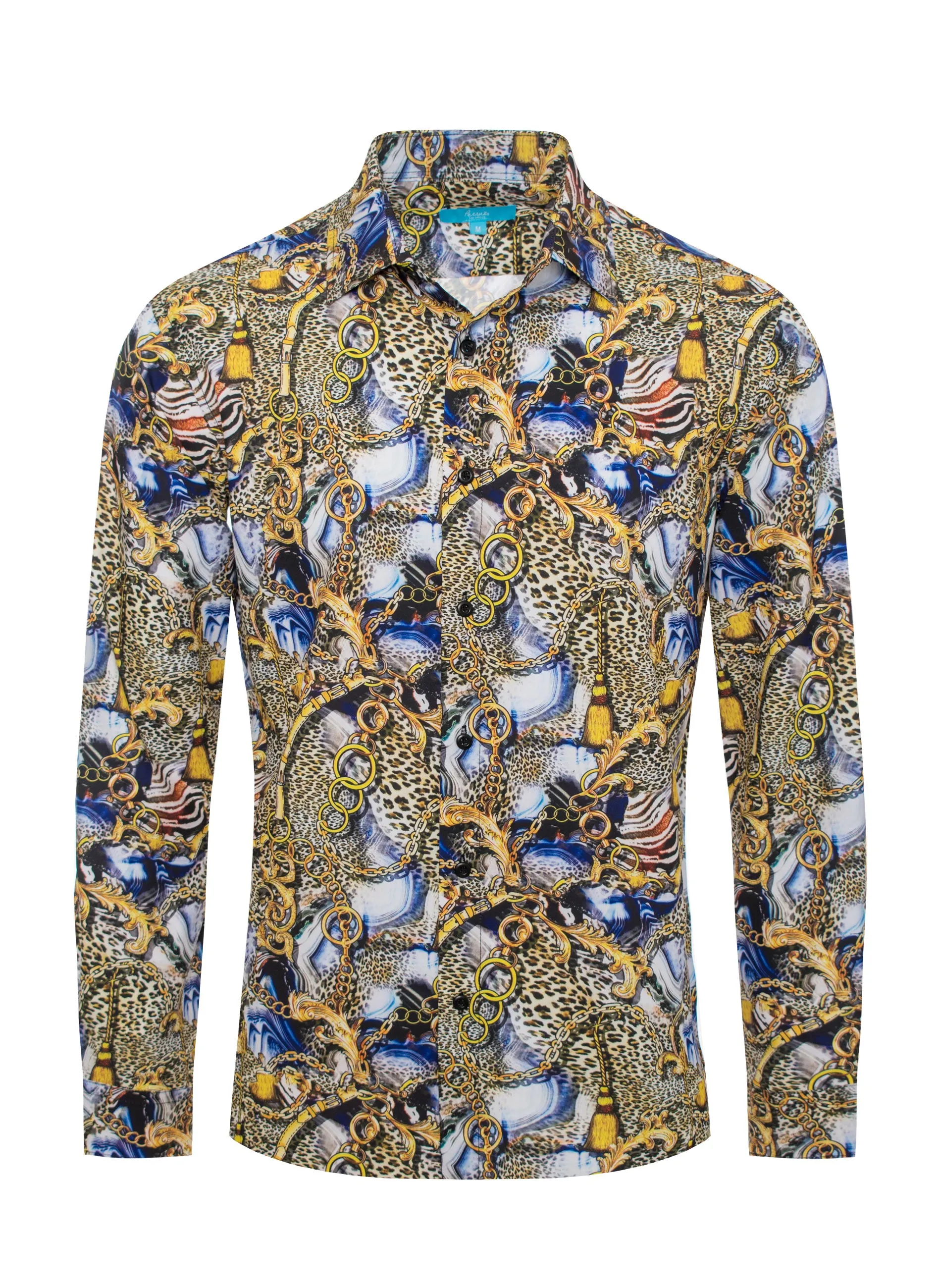Long Sleeve leoperd print  Shirt Azul & Gold 4409