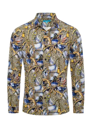 Long Sleeve leoperd print  Shirt Azul & Gold 4409