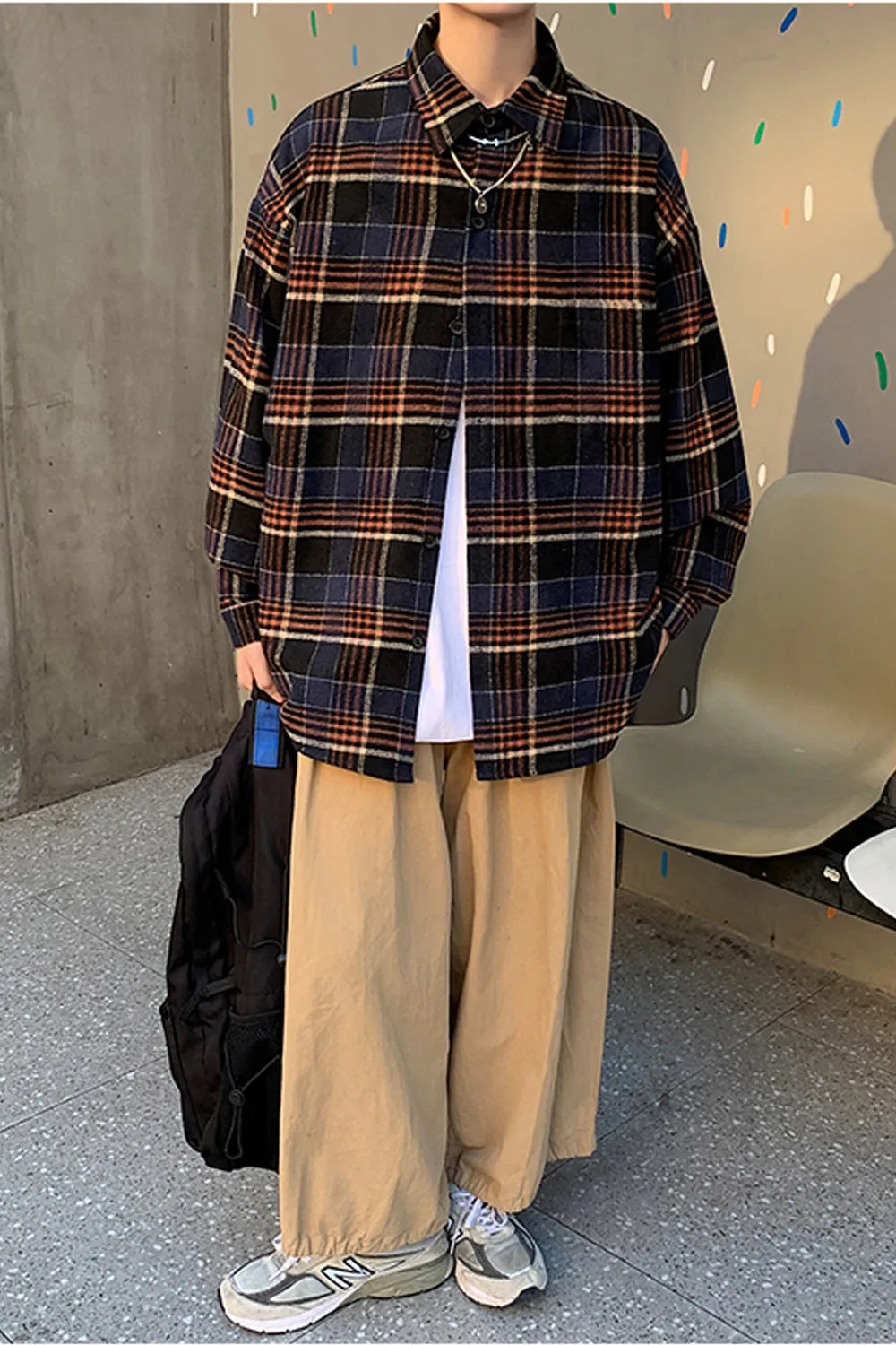 Long Sleeve Loose Plaid Men Shirt