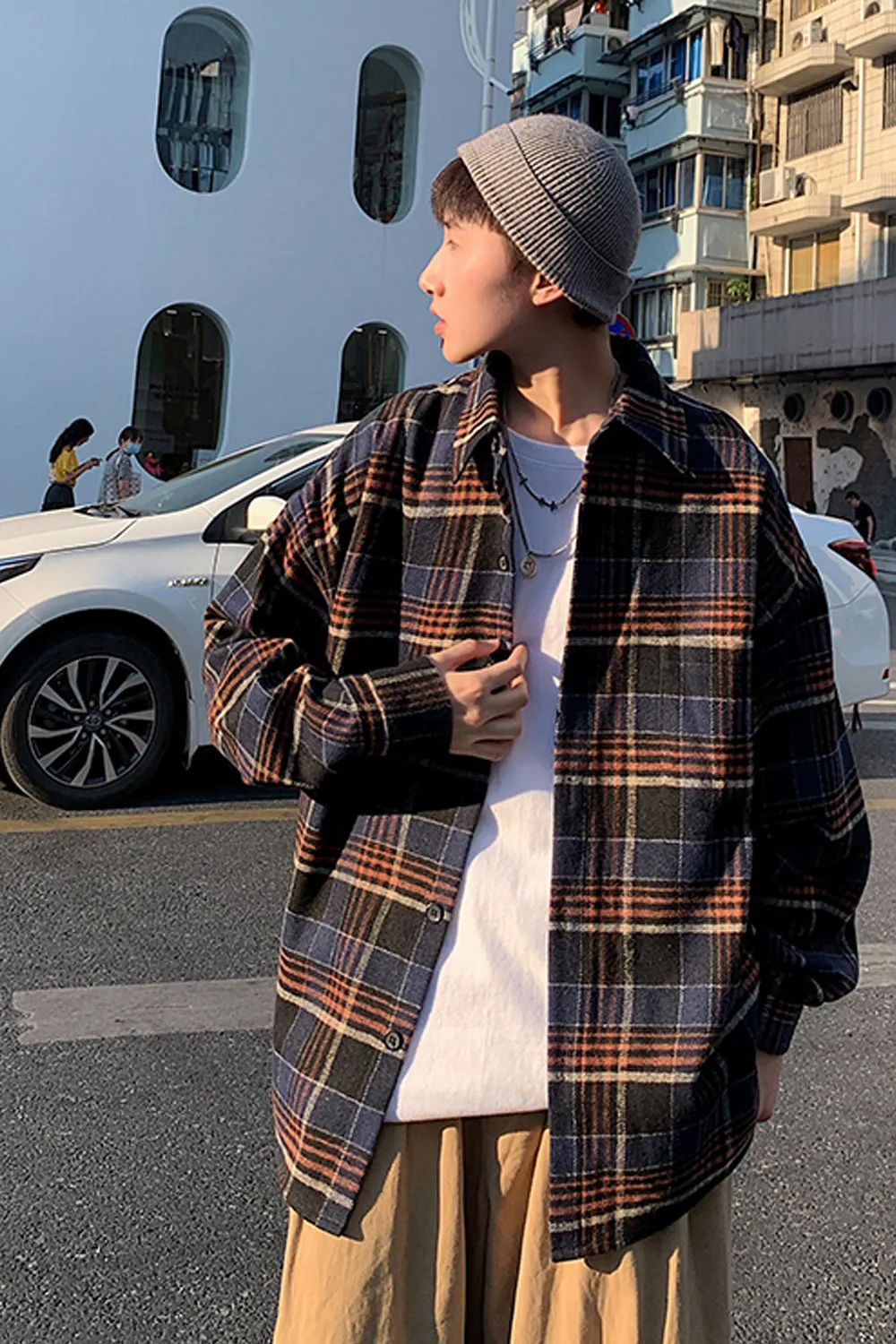 Long Sleeve Loose Plaid Men Shirt