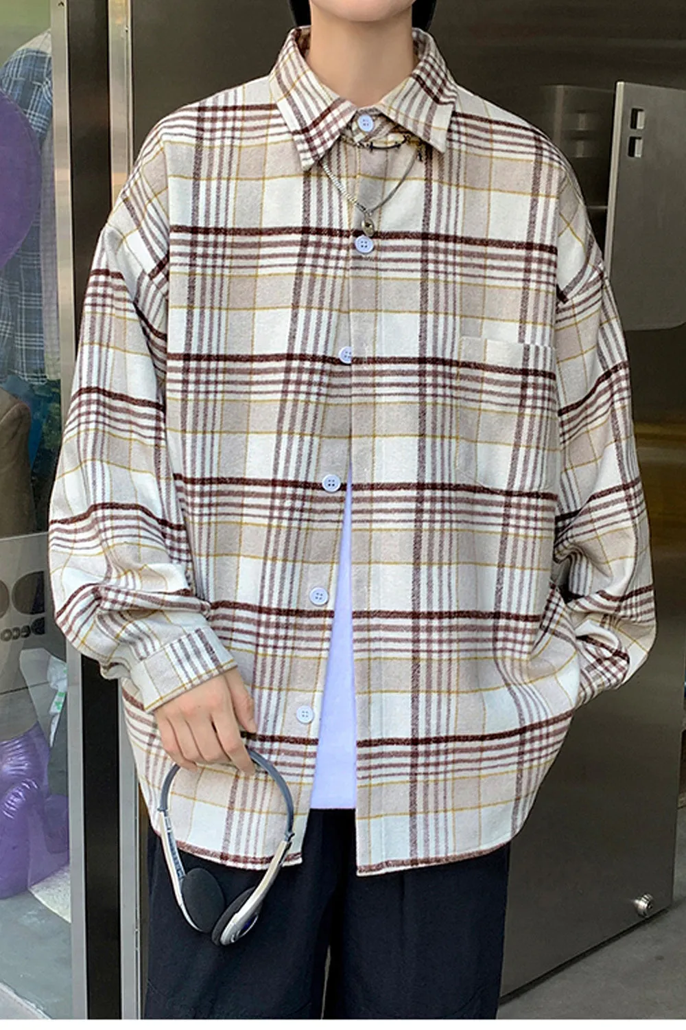 Long Sleeve Loose Plaid Men Shirt