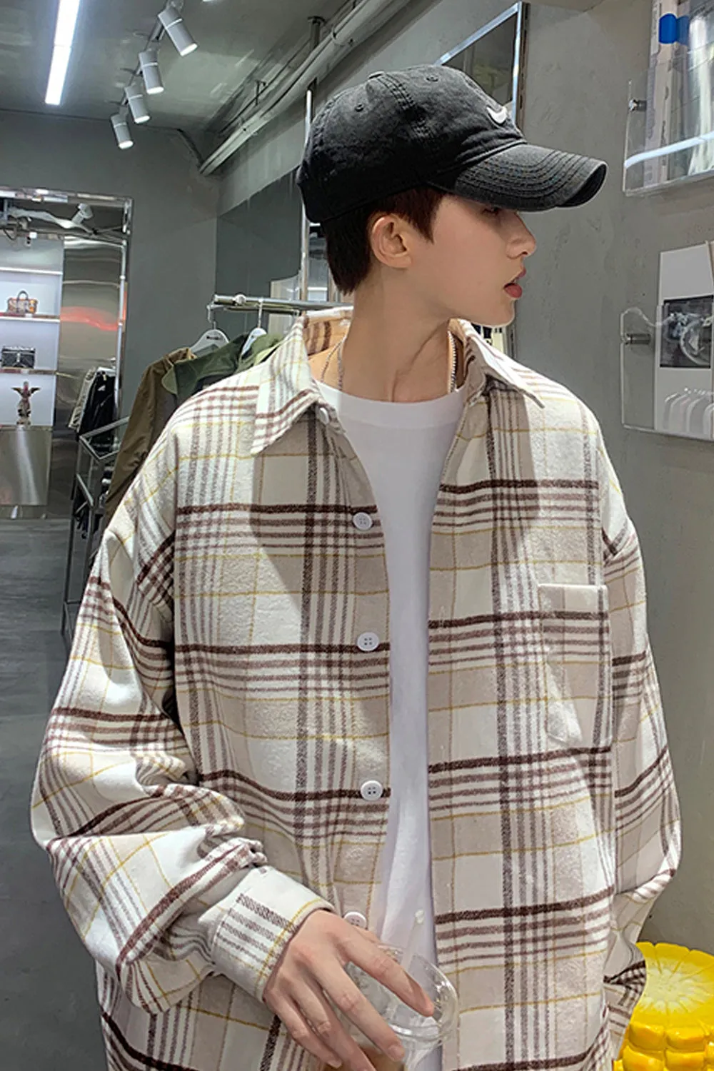 Long Sleeve Loose Plaid Men Shirt