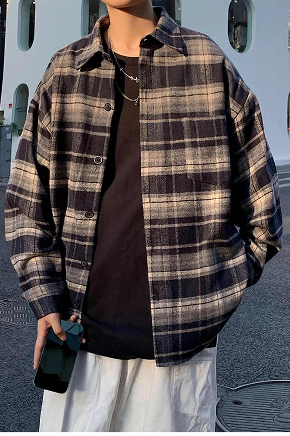Long Sleeve Loose Plaid Men Shirt