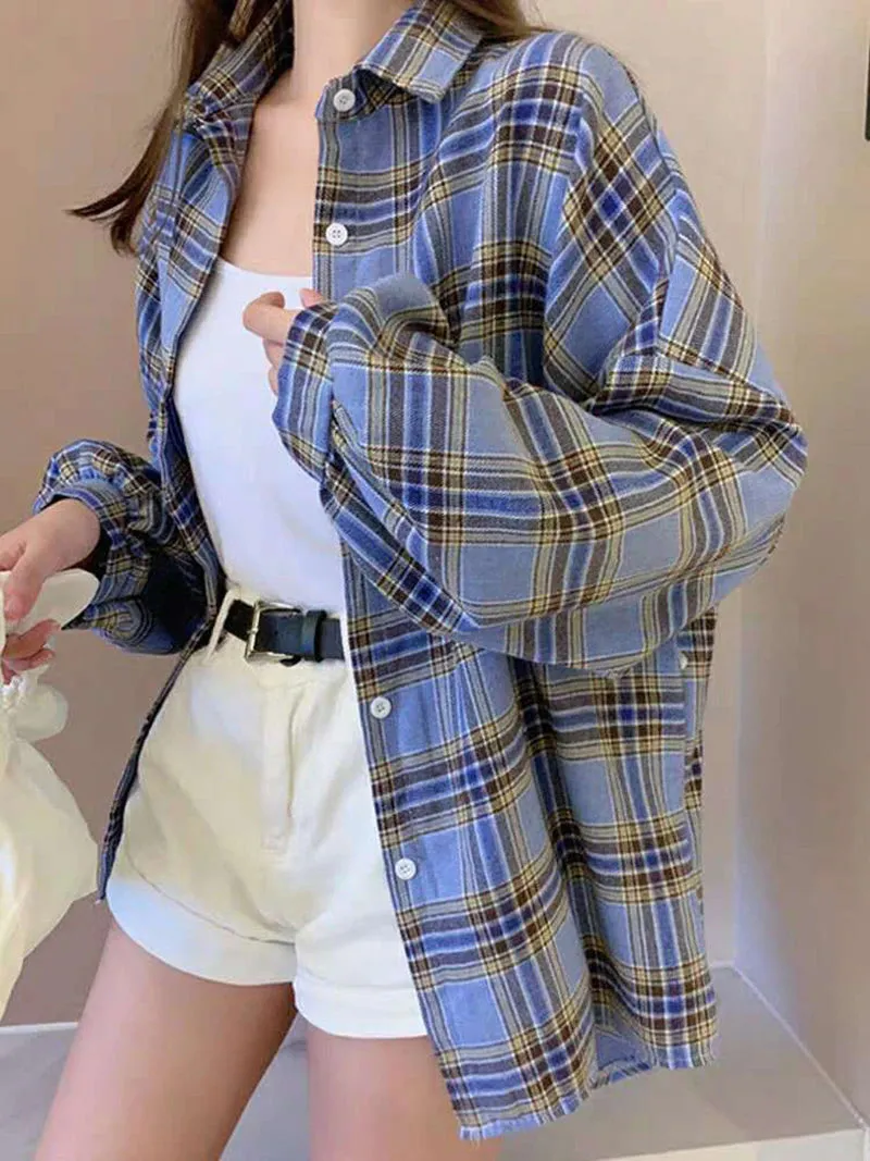 Loose Cute Pastel Colors Plaid Shirt