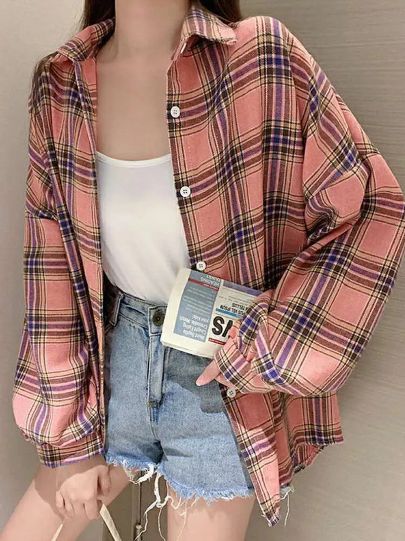 Loose Cute Pastel Colors Plaid Shirt
