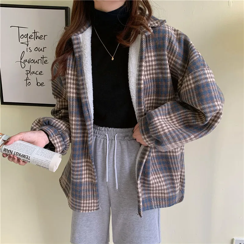Loose Long Sleeve Plaid Thicken Shirt
