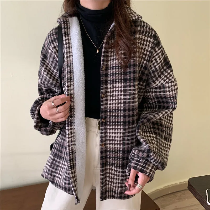 Loose Long Sleeve Plaid Thicken Shirt