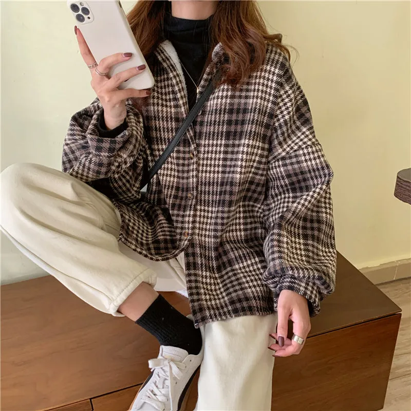 Loose Long Sleeve Plaid Thicken Shirt