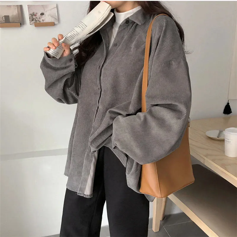 Loose Long Sleeve Solid Corduroy Shirt