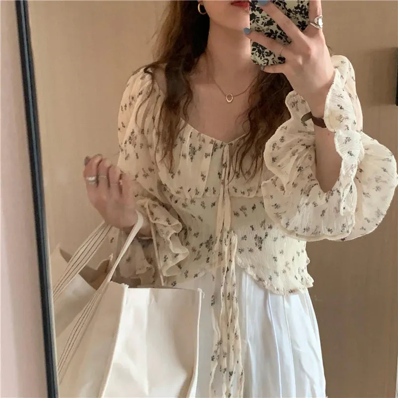 Loose Ruffle Florals Chiffon Sunscreen Blouse Shirt