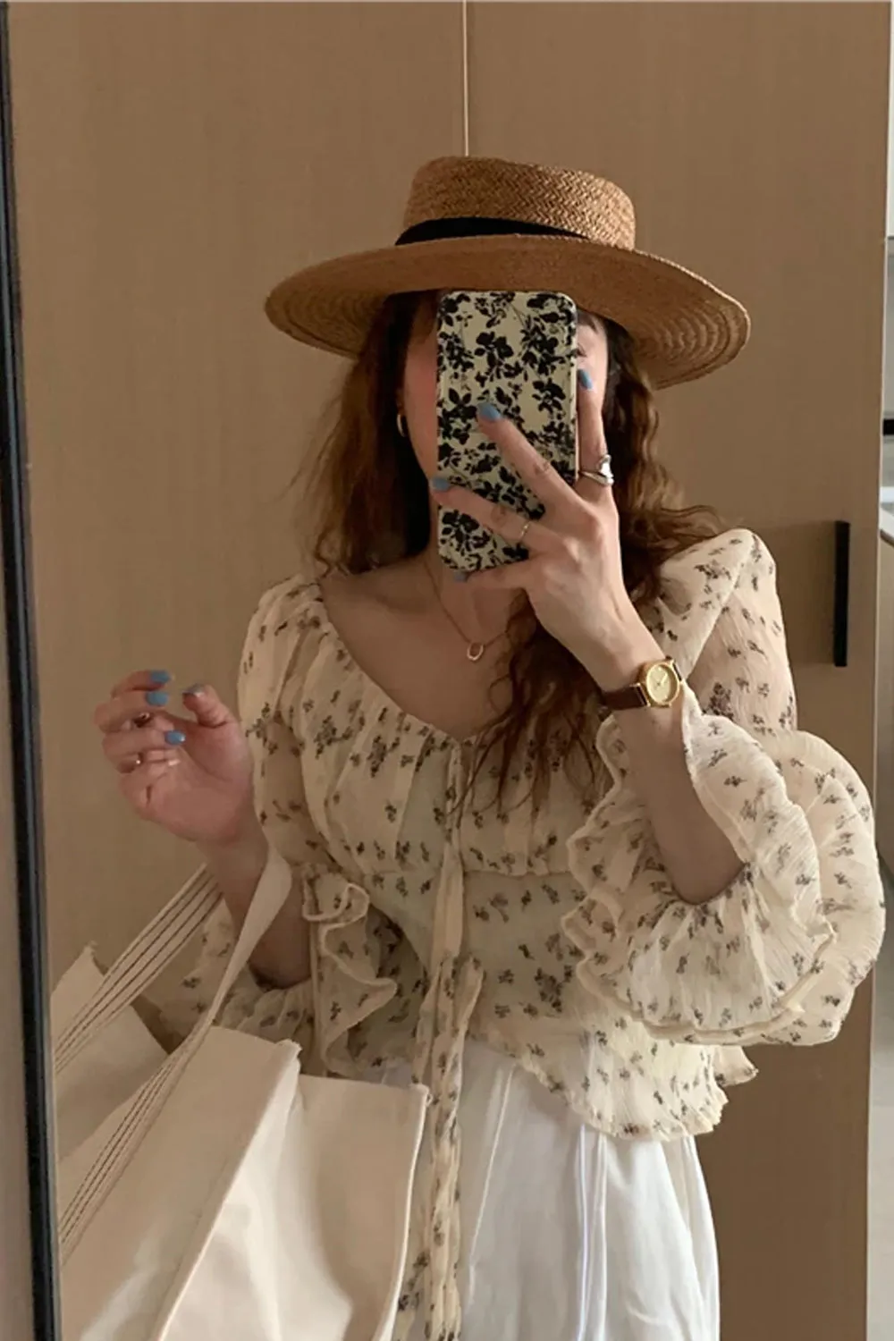 Loose Ruffle Florals Chiffon Sunscreen Blouse Shirt