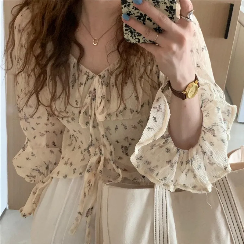Loose Ruffle Florals Chiffon Sunscreen Blouse Shirt