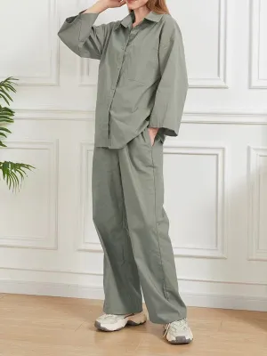 Loose Solid Color Split-Joint Long Sleeves Lapel Blouse   Pants Two Pieces Set