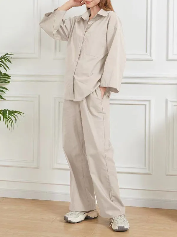 Loose Solid Color Split-Joint Long Sleeves Lapel Blouse   Pants Two Pieces Set