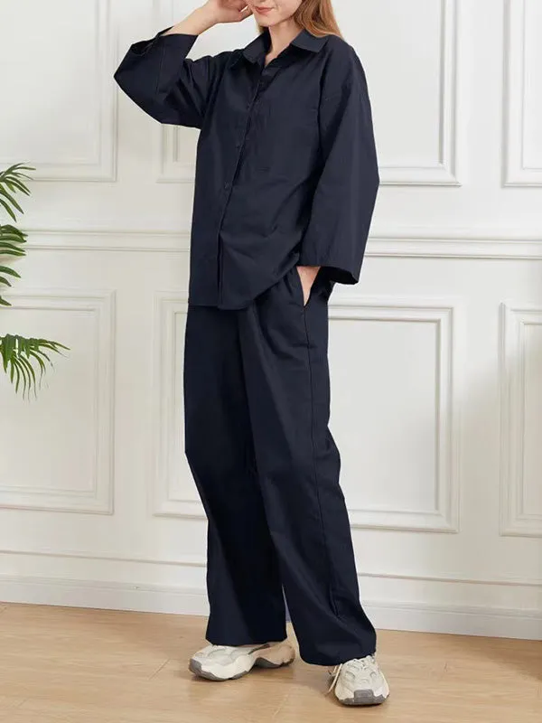 Loose Solid Color Split-Joint Long Sleeves Lapel Blouse   Pants Two Pieces Set
