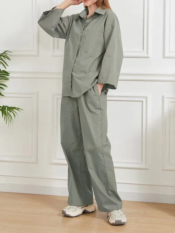 Loose Solid Color Split-Joint Long Sleeves Lapel Blouse   Pants Two Pieces Set