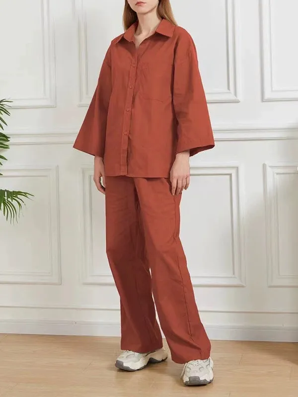 Loose Solid Color Split-Joint Long Sleeves Lapel Blouse   Pants Two Pieces Set