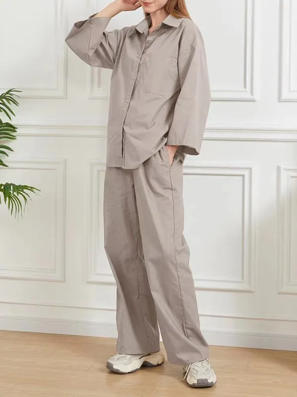 Loose Solid Color Split-Joint Long Sleeves Lapel Blouse   Pants Two Pieces Set