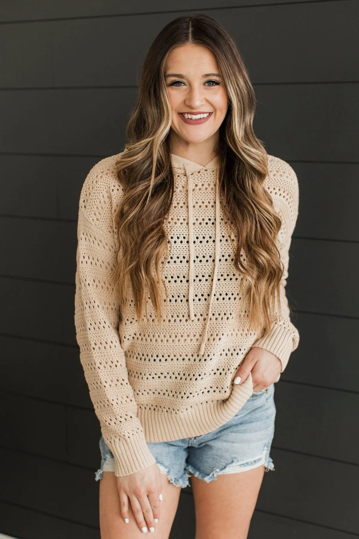 Lovely Delights Open Knit Hoodie- Natural