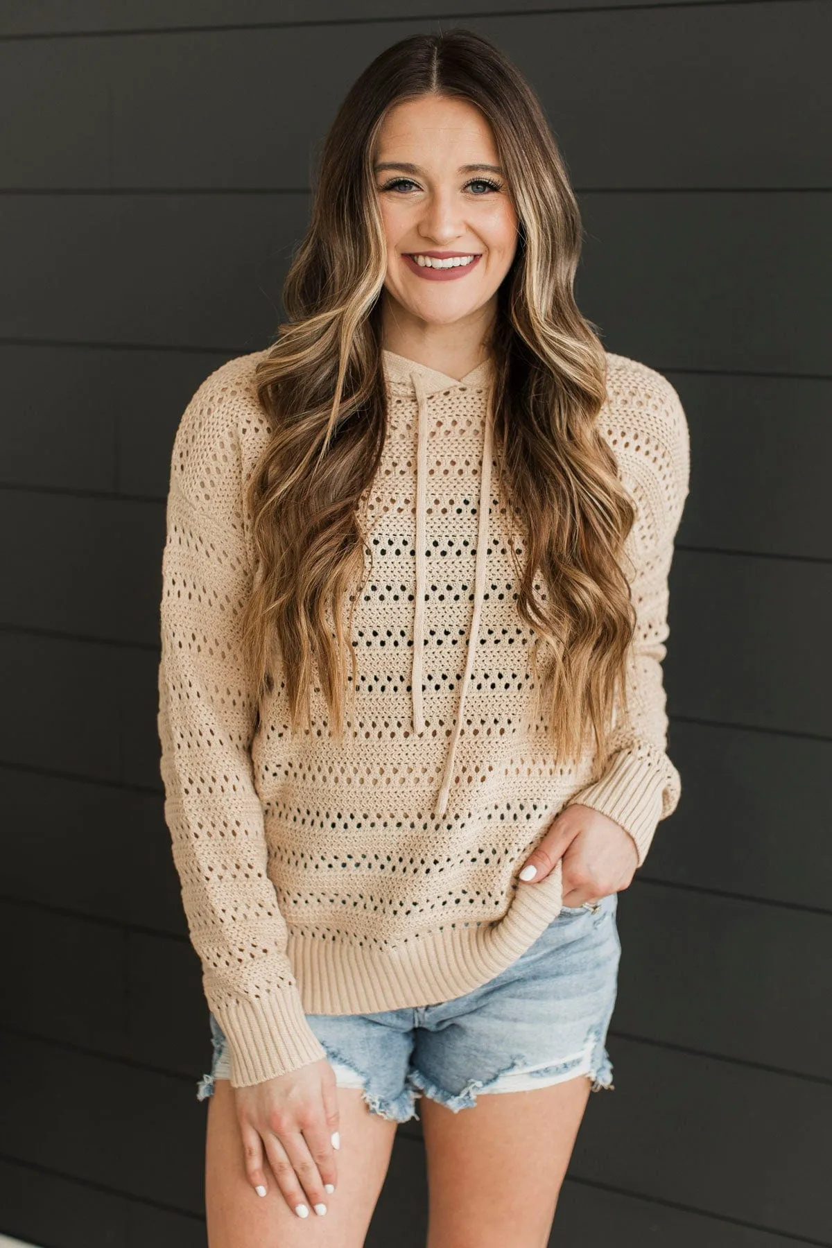 Lovely Delights Open Knit Hoodie- Natural