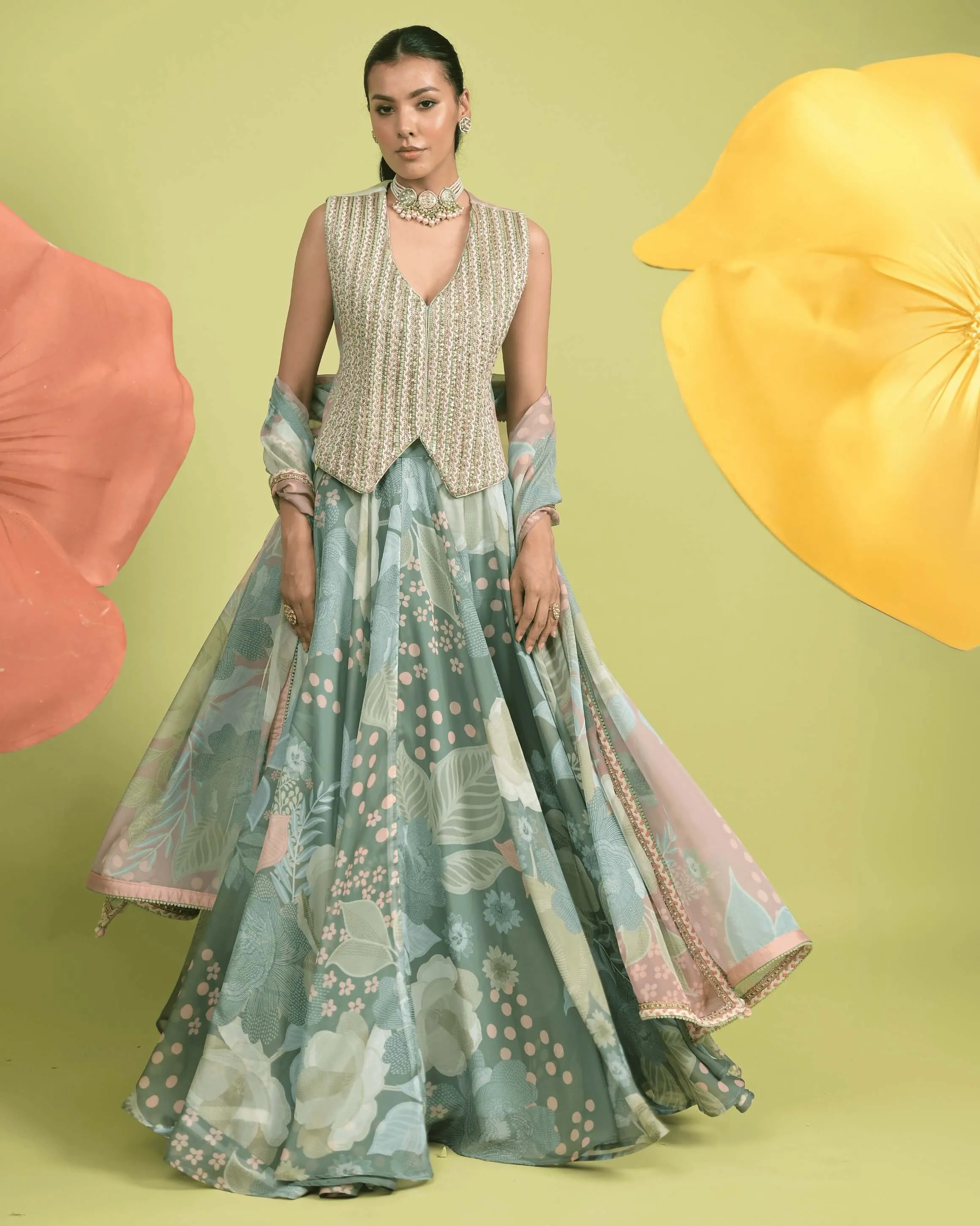 Matcha green meadow vest and skirt set
