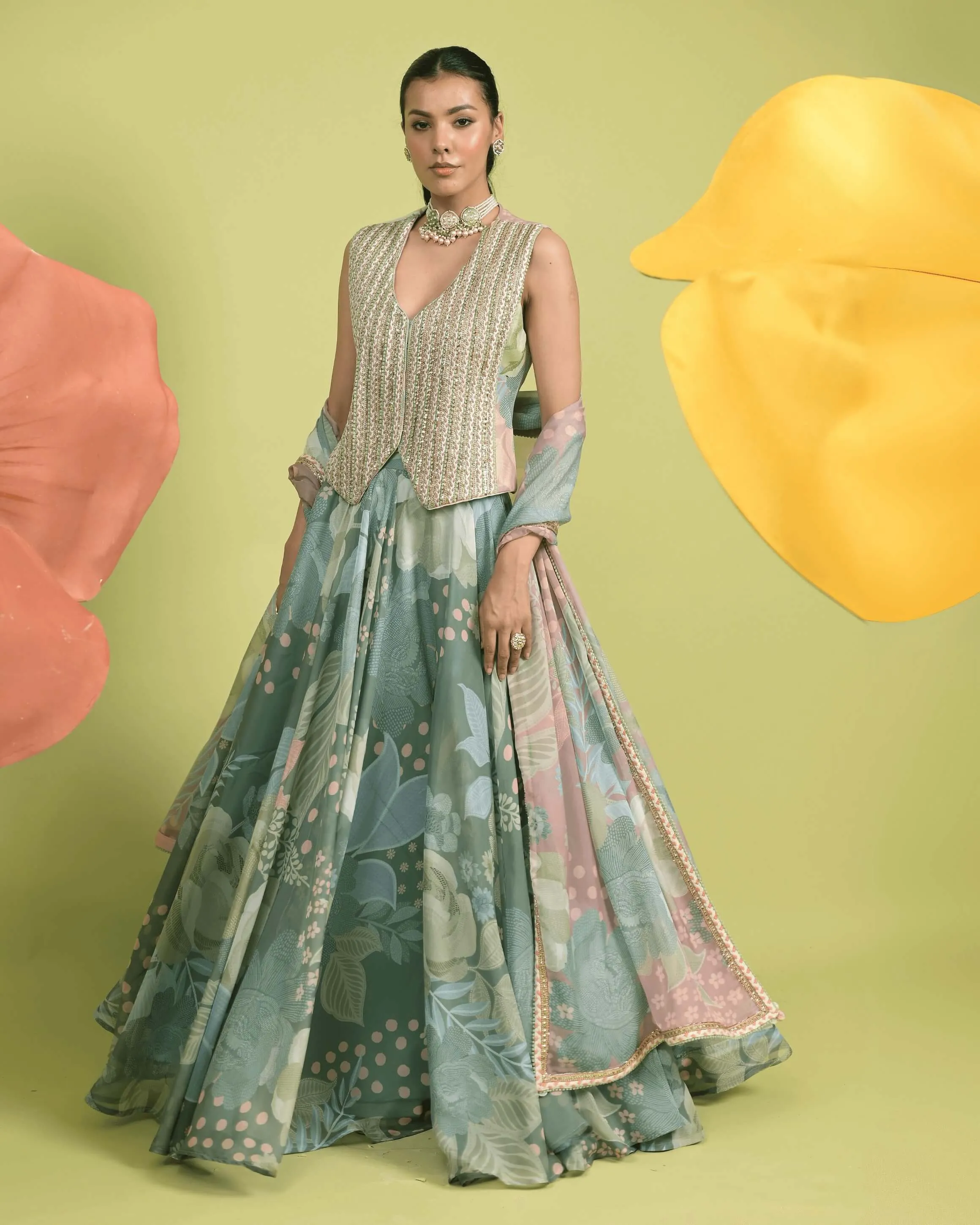 Matcha green meadow vest and skirt set