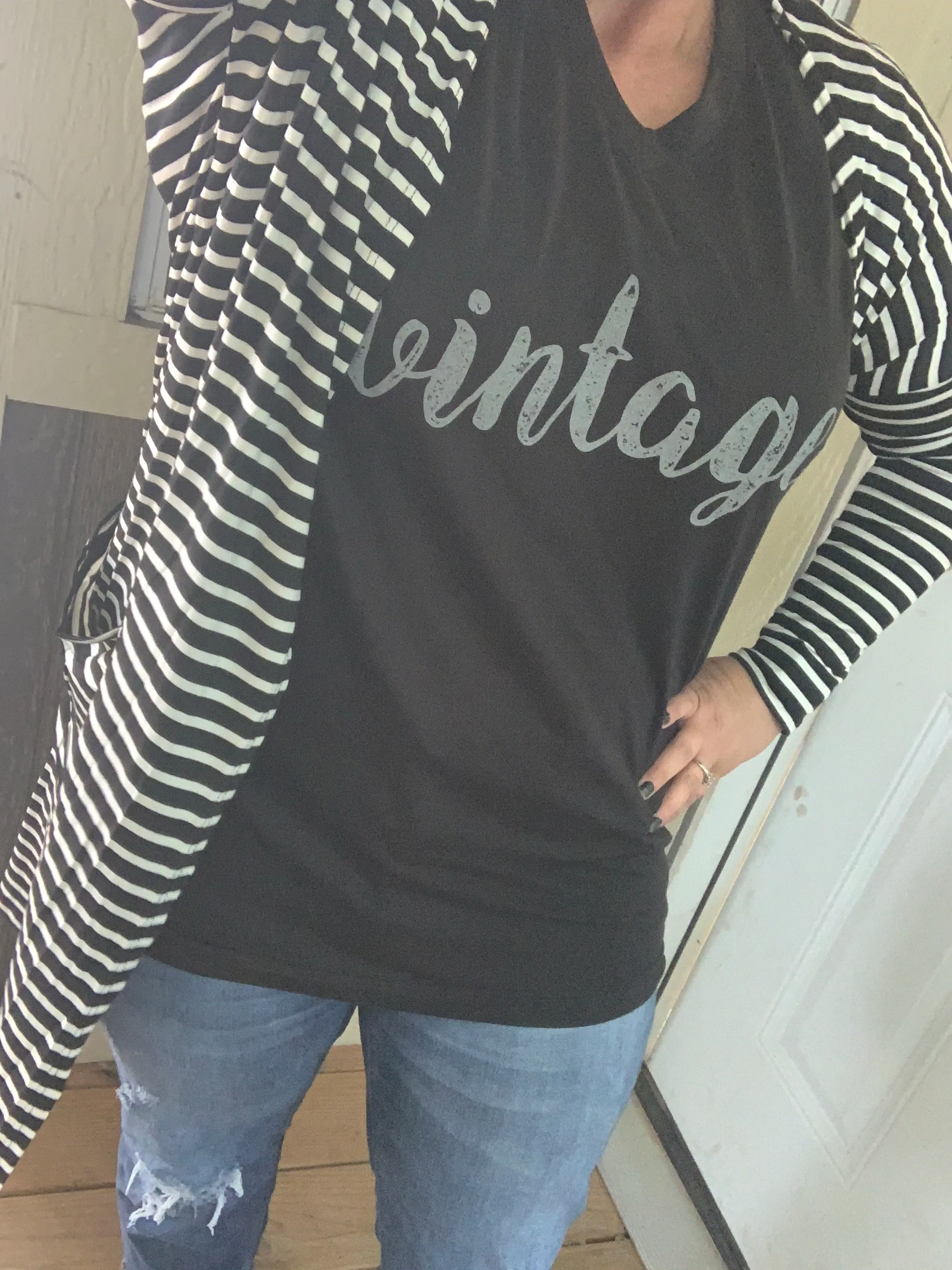 {MATILDA} Black   White Striped Cardigan with Pockets