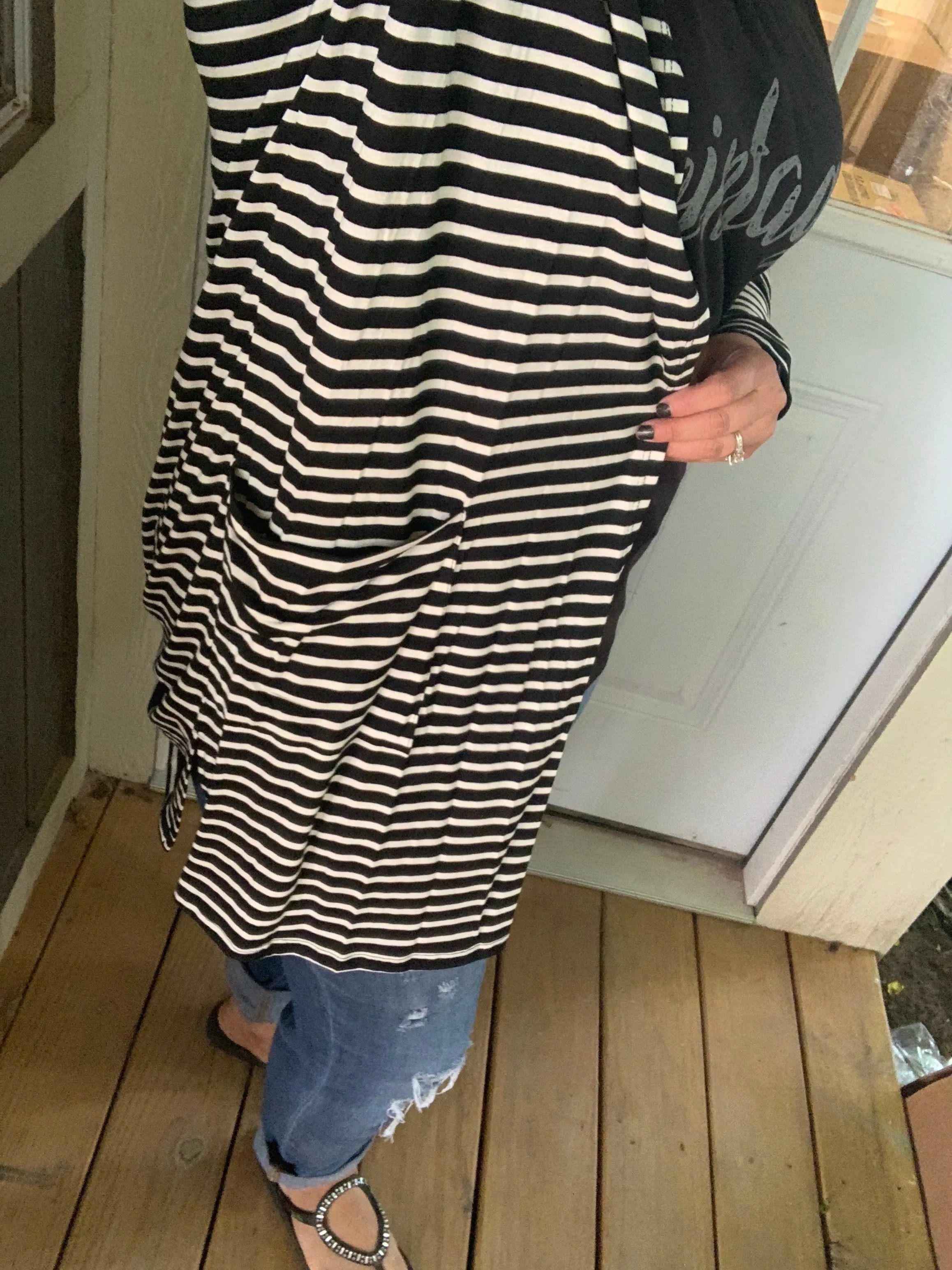 {MATILDA} Black   White Striped Cardigan with Pockets