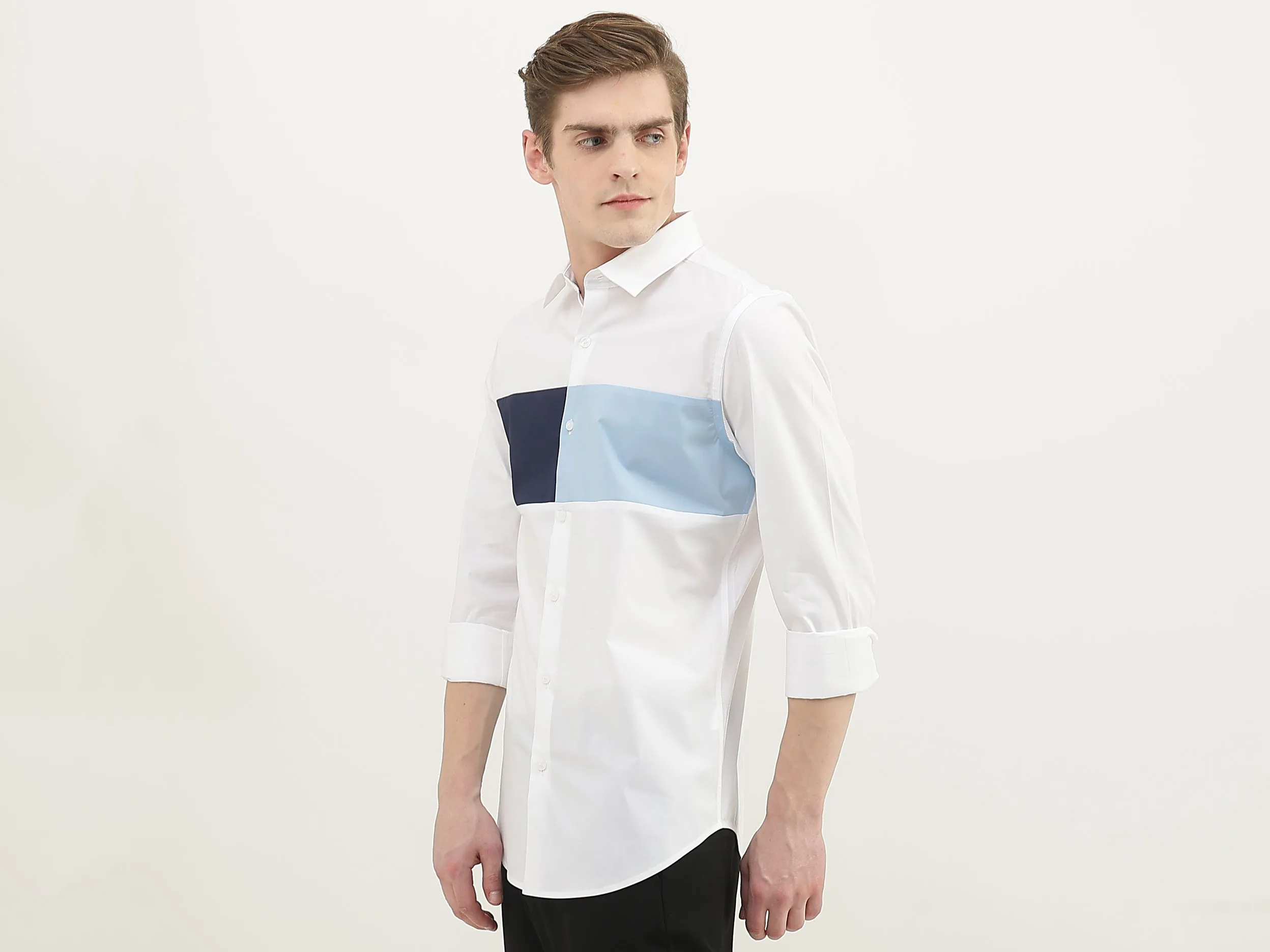 Men Colorblock Spread Collar Shirt